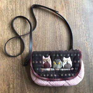 Handmade Original Hand Sewn Bag Leather Strap Pink Brown Owl Design Lightweight